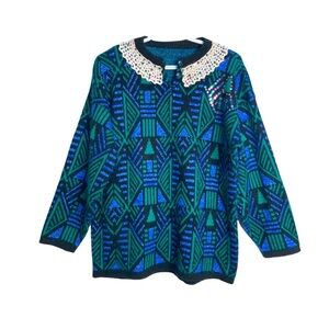 Vintage Sequin Crochet Collar Knit Sweater Button Collar Oversized Metallic M/L